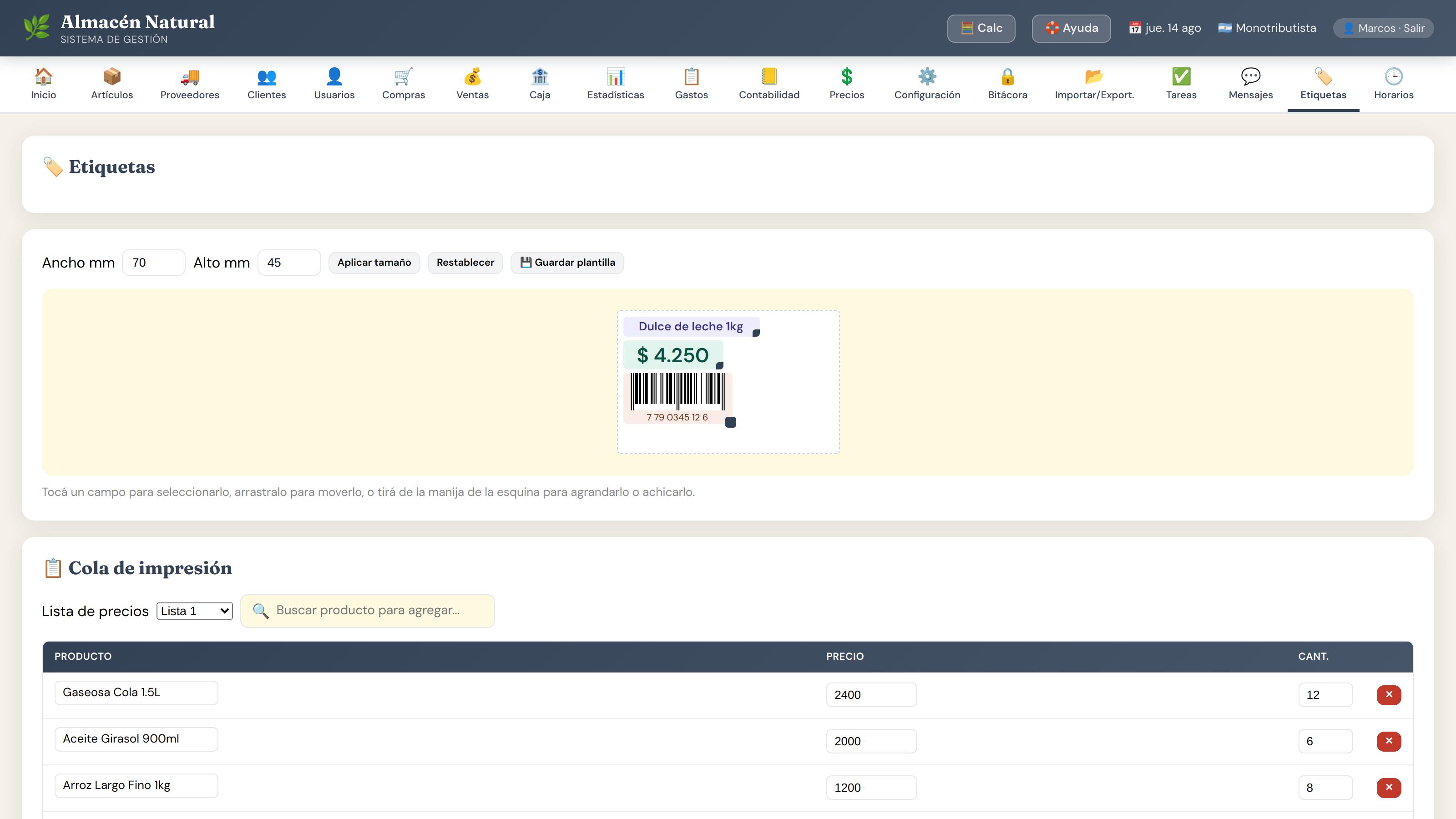 Etiquetas con código de barras en Mi Gestor